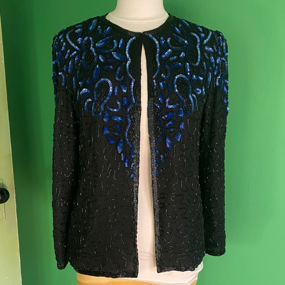 Vintage AB Studio Black and Blue Embellished silk beaded sequin Blazer